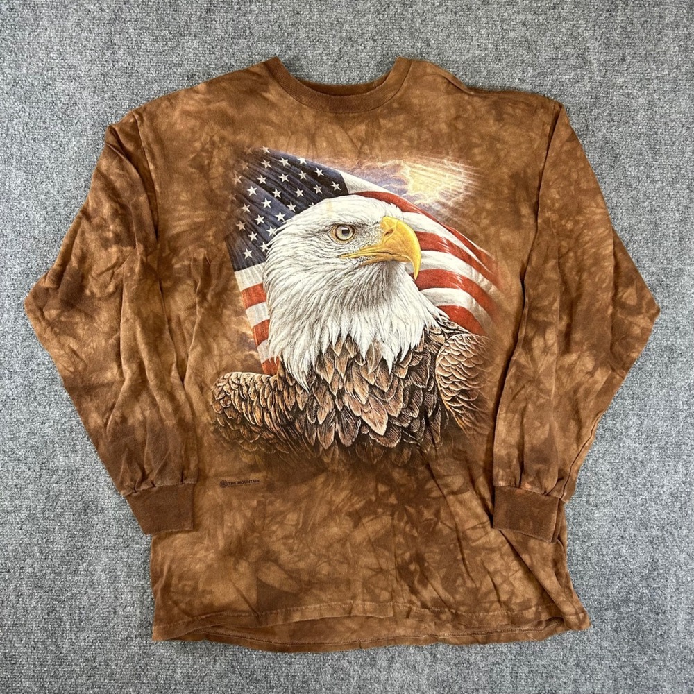 The Mountain Mens Bald Eagle American Flag Brown Tie Dye Long Sleeve T-Shirt L
